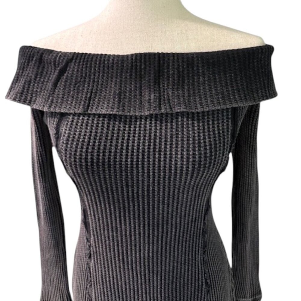 Free People Monty Midi Dress Black Off the Shoulder Long Sleeve Waffle Knit Sml - Picture 5 of 16